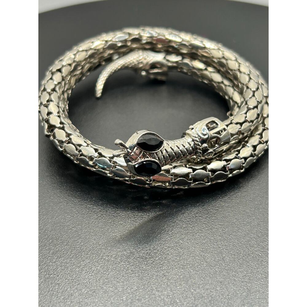 Vintage Silver Mesh Snake Wrap Bracelet Black Rhinestone Eyes Serpent Cuff